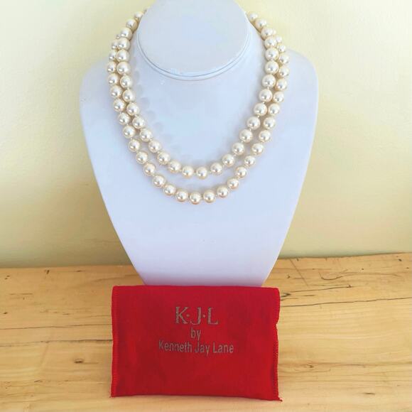 Vintage Kenneth Jay Lane KJL Dbl Strand Faux Pearl Necklace Double Gold Tone - Picture 5 of 11